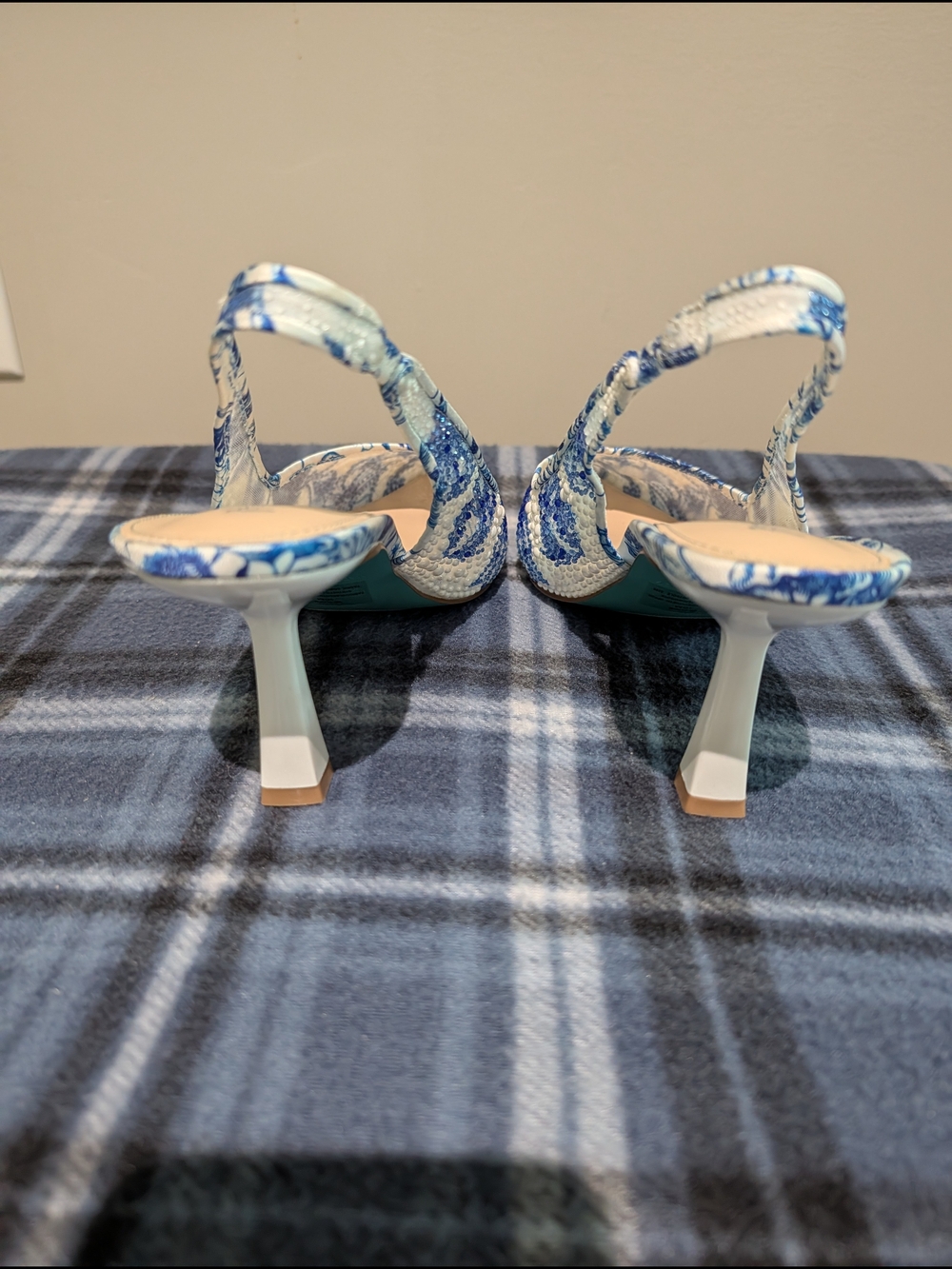 Betsey Johnson Blue and White Embellished Slingback Kitten Heels - Picture 4 of 5
